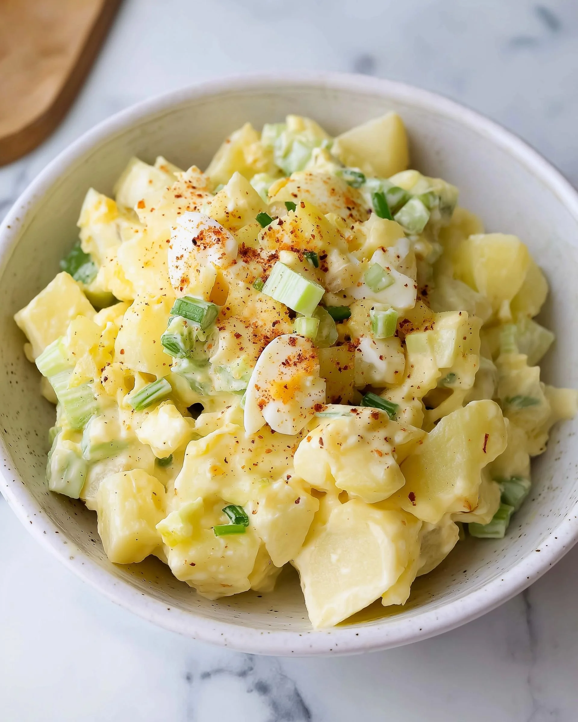 Bowl of classic American-style potato salad topped with herbs.