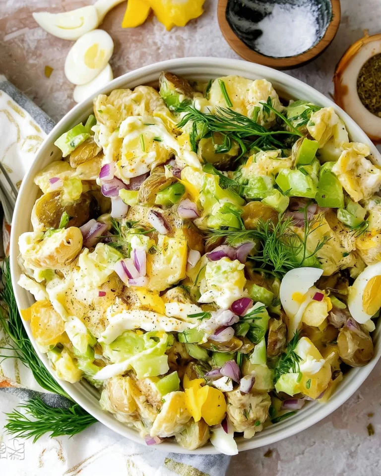 Dill Pickle Potato Salad served in a bowl with fresh herbs and spices.