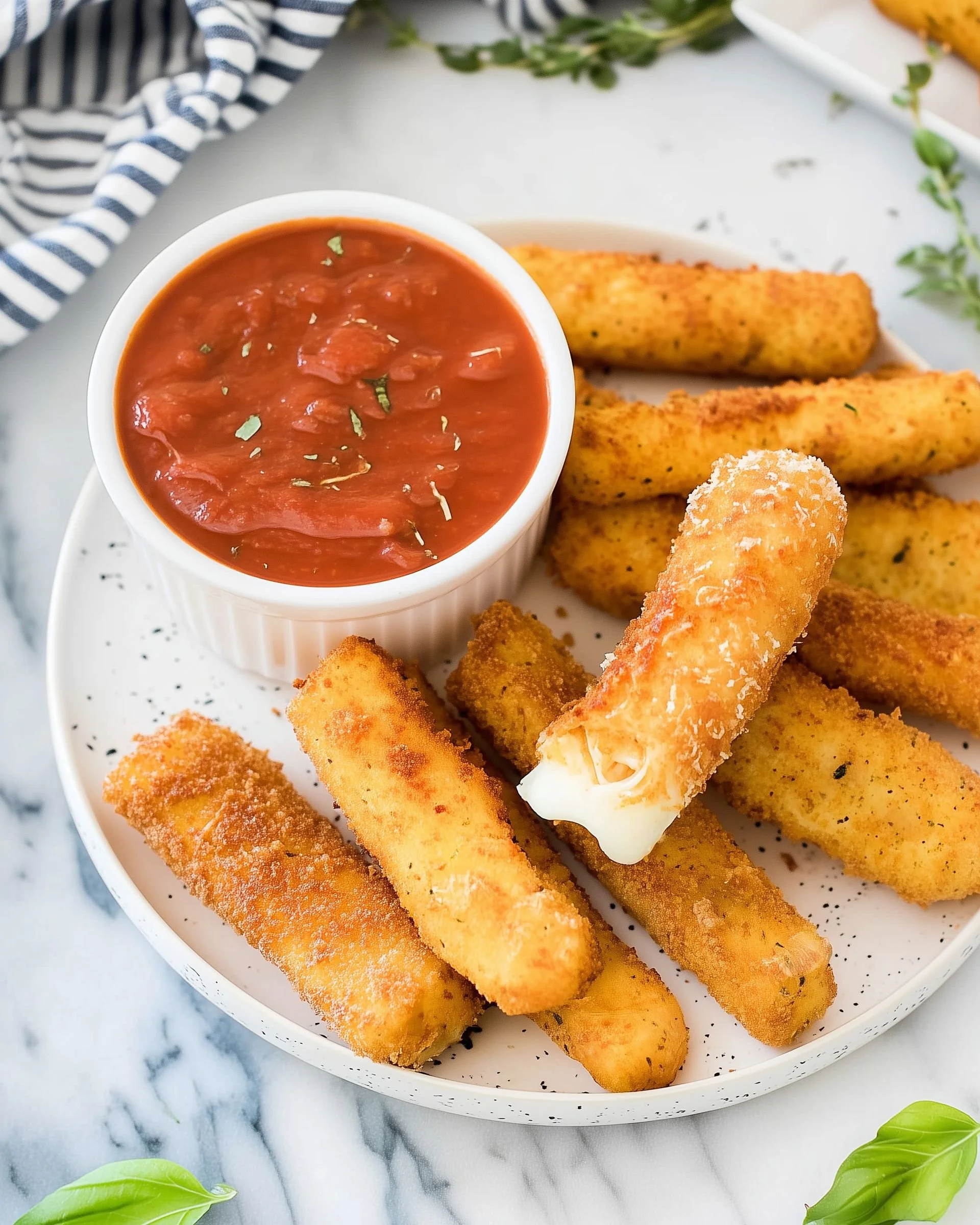 Plate of homemade mozzarella sticks served with marinara sauce