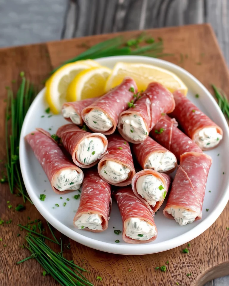 Creamy salami roll-ups with cream cheese and herbs served on a platter
