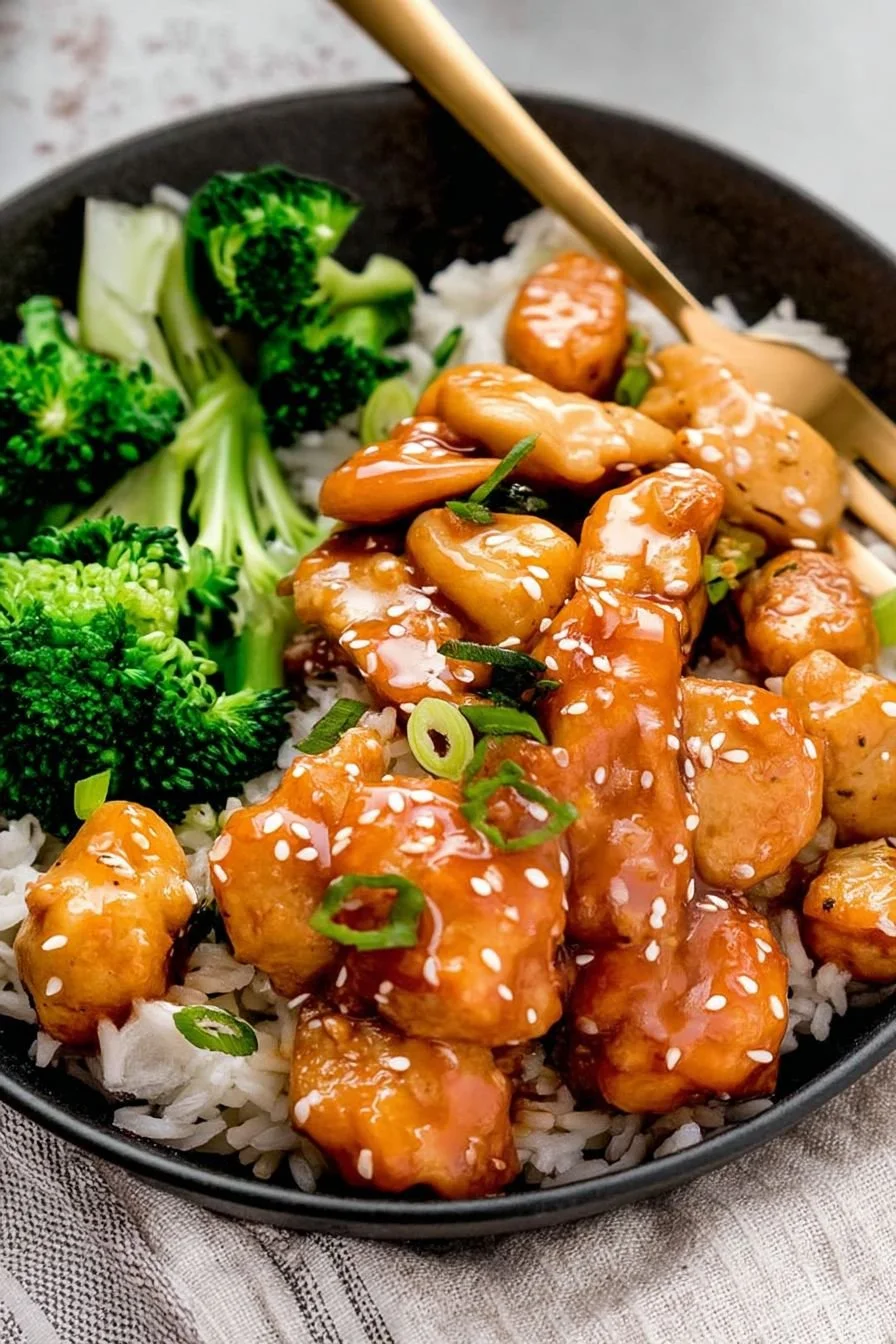 Healthy honey sesame chicken dish served with vegetables and rice.