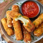 Golden brown homemade mozzarella sticks ready to be served with marinara sauce.