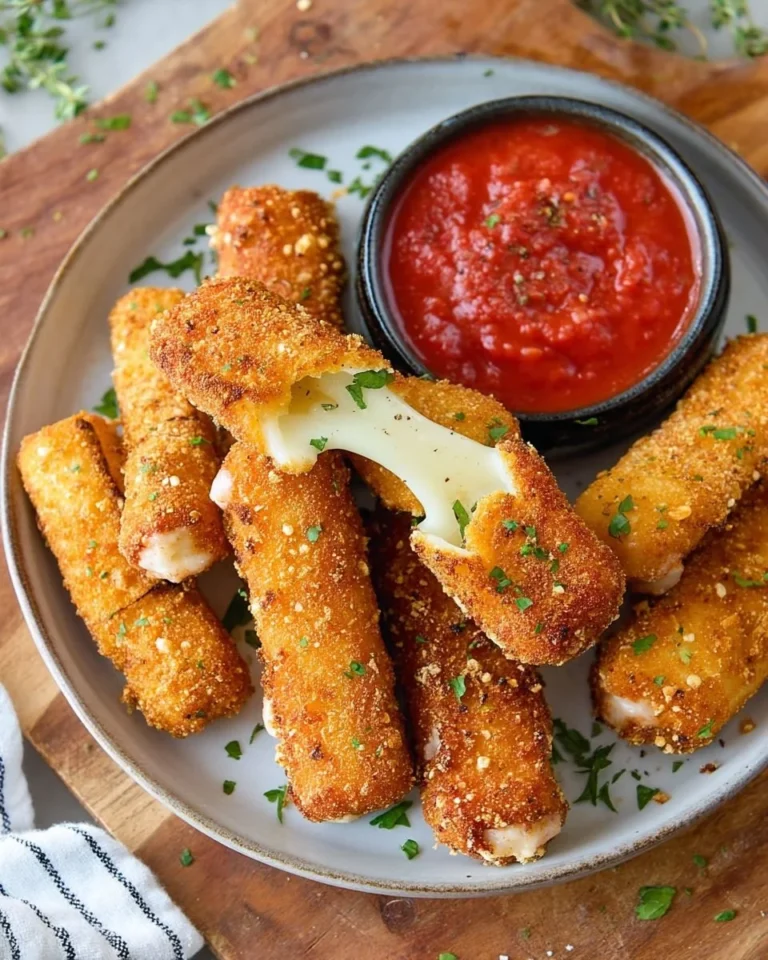 Golden brown homemade mozzarella sticks ready to be served with marinara sauce.