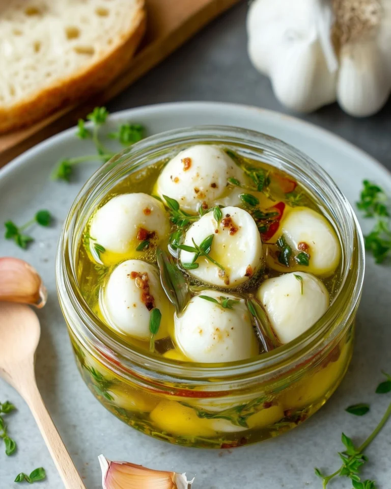 Marinated mini mozzarella balls served in a bowl with herbs and spices.