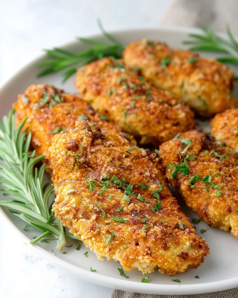 Baked Parmesan Crusted Chicken served with herbs and lemon garnish