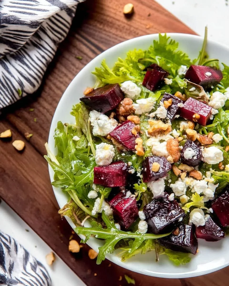 Colorful Beet and Goat Cheese Salad with arugula and walnuts