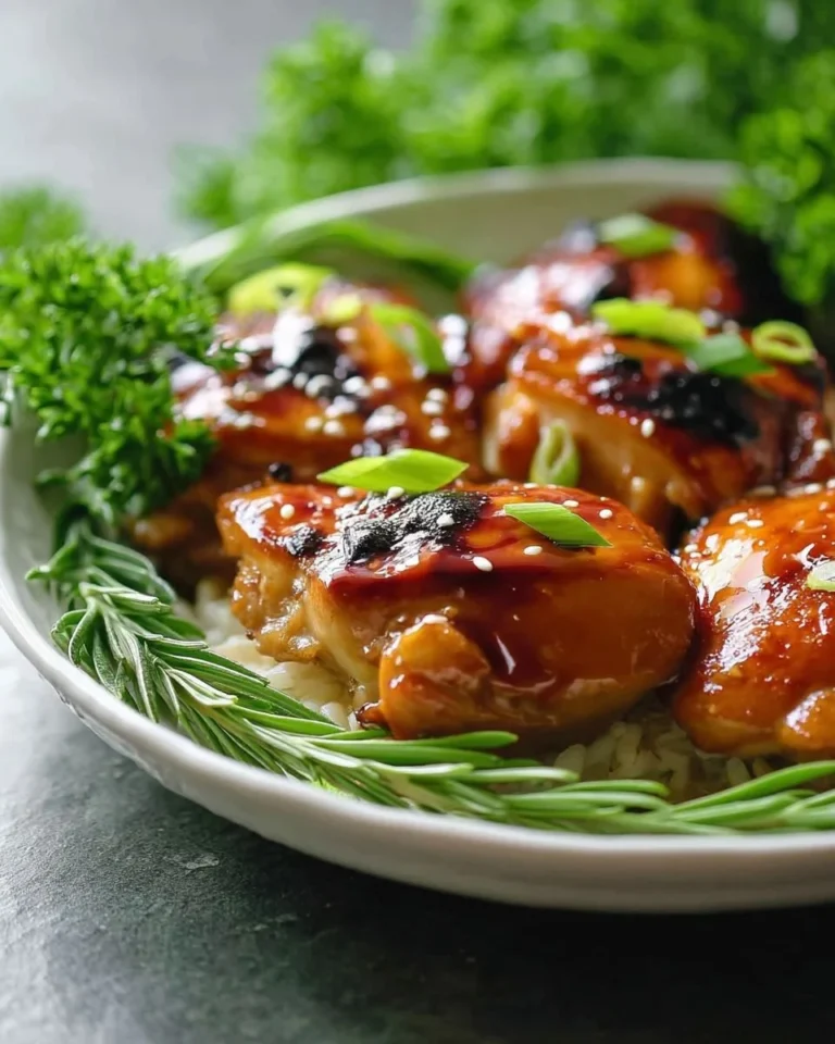 Deliciously glazed baked teriyaki chicken on a plate with sesame seeds.