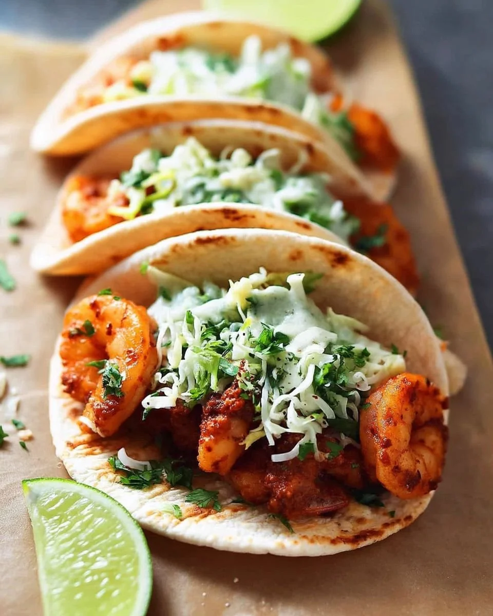 Delicious blackened shrimp tacos topped with fresh ingredients
