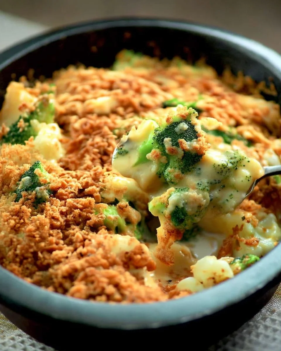 Creamy broccoli cauliflower cheese bake topped with golden cheese