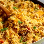 Cheesy beef and broccoli skillet served in a frying pan