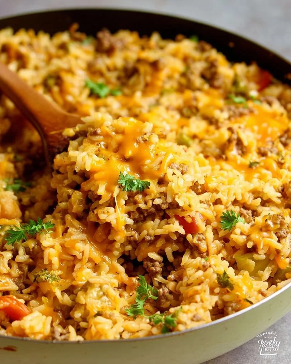 Cheesy beef and broccoli skillet served in a frying pan