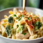 Creamy Chicken and Broccoli Alfredo Bake dish served in a casserole dish