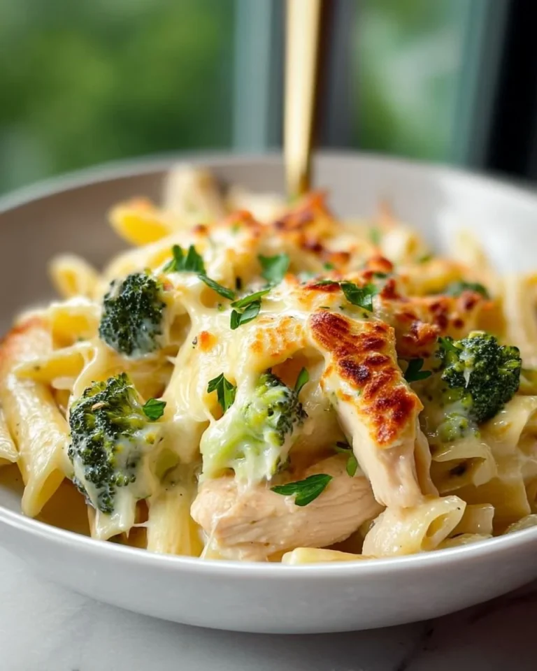 Creamy Chicken and Broccoli Alfredo Bake dish served in a casserole dish