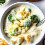 Creamy cauliflower and broccoli au gratin topped with melted cheese