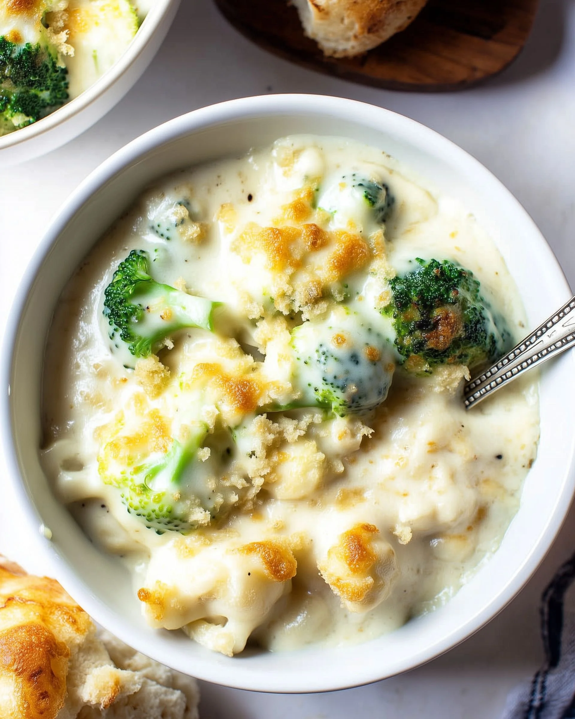 Creamy cauliflower and broccoli au gratin topped with melted cheese