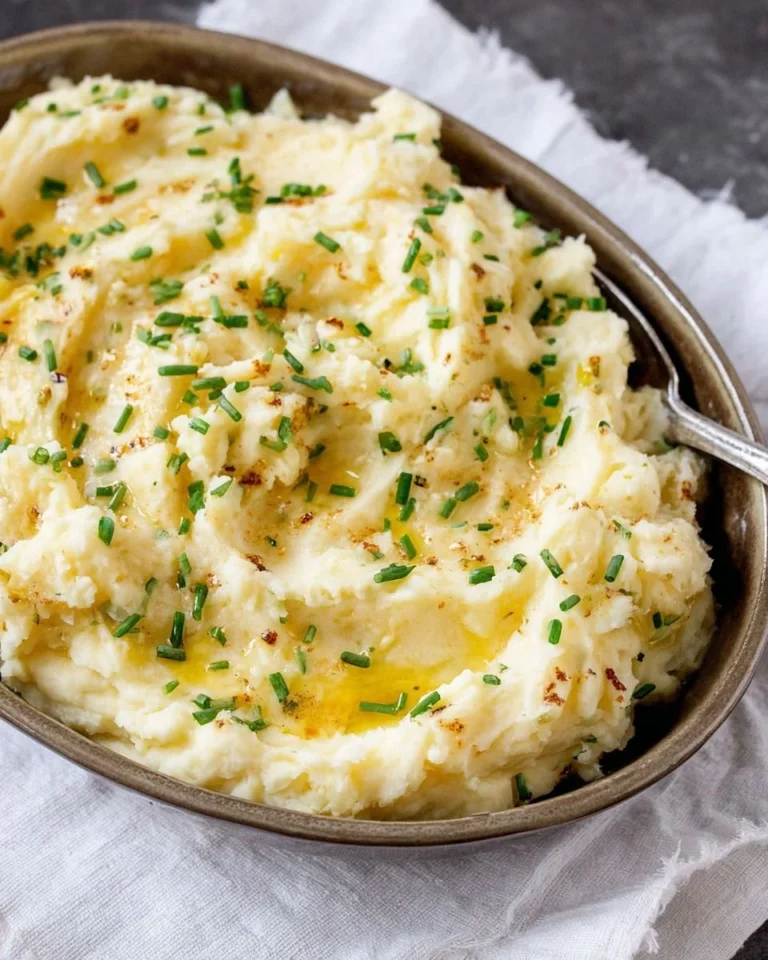 Bowl of creamy garlic mashed potatoes topped with fresh herbs