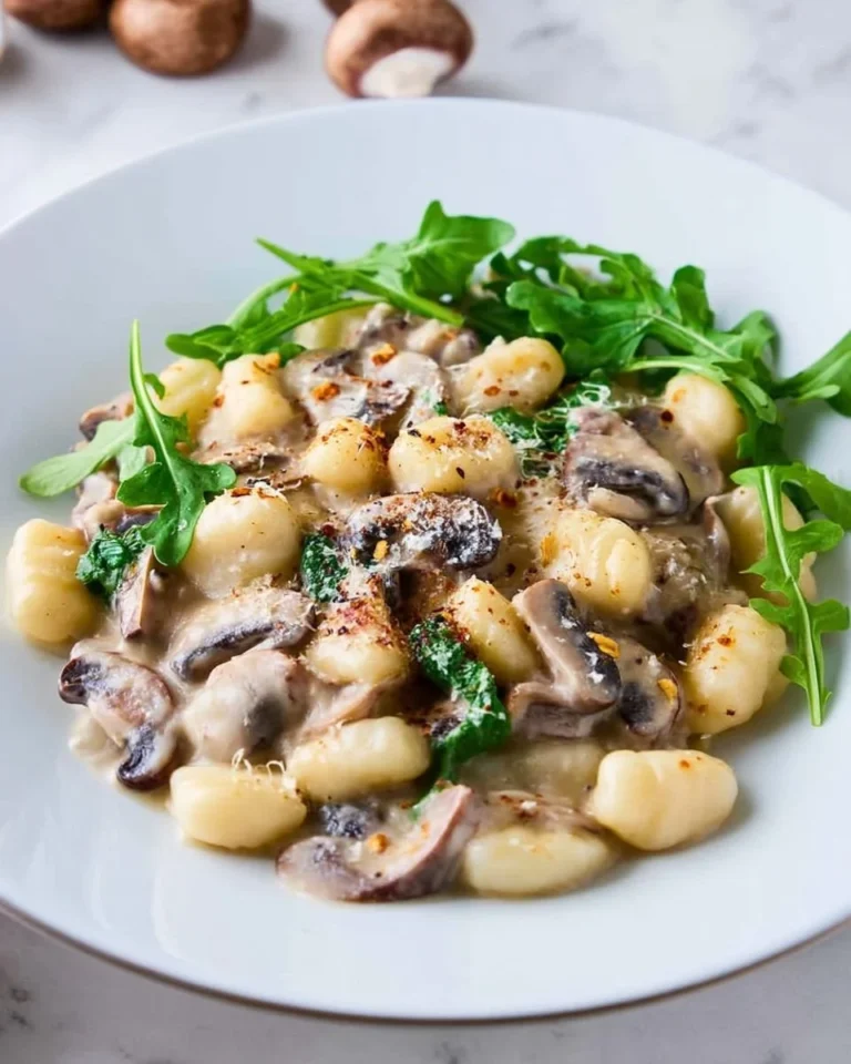 Creamy mushroom gnocchi served in a bowl with fresh herbs