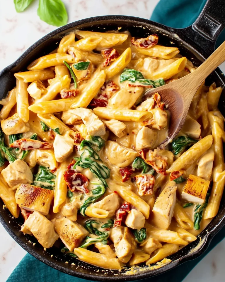 Plate of creamy Tuscan chicken pasta garnished with fresh herbs