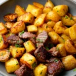 Delicious garlic butter steak bites served with crispy Yukon Gold potatoes.