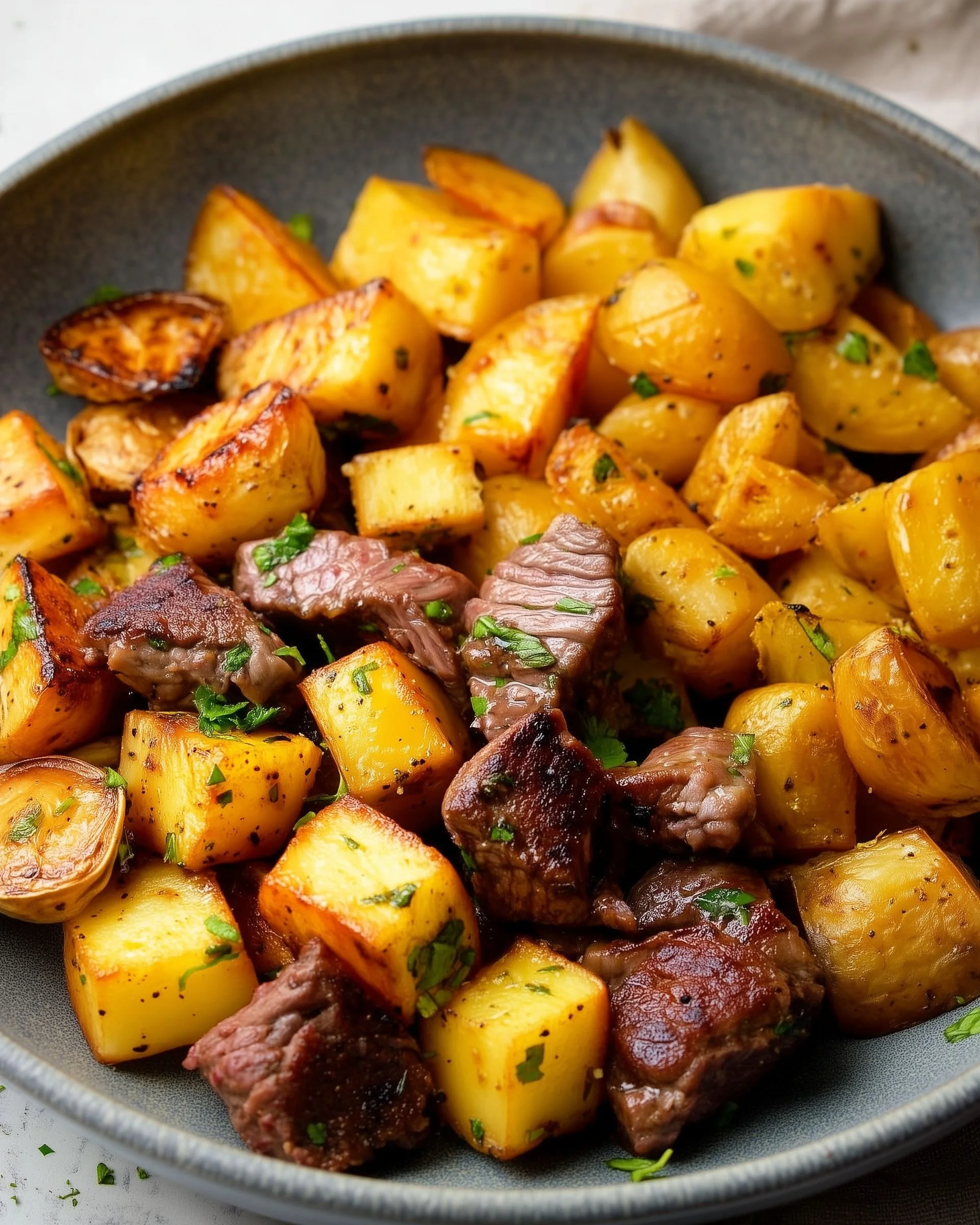 Delicious garlic butter steak bites served with crispy Yukon Gold potatoes.
