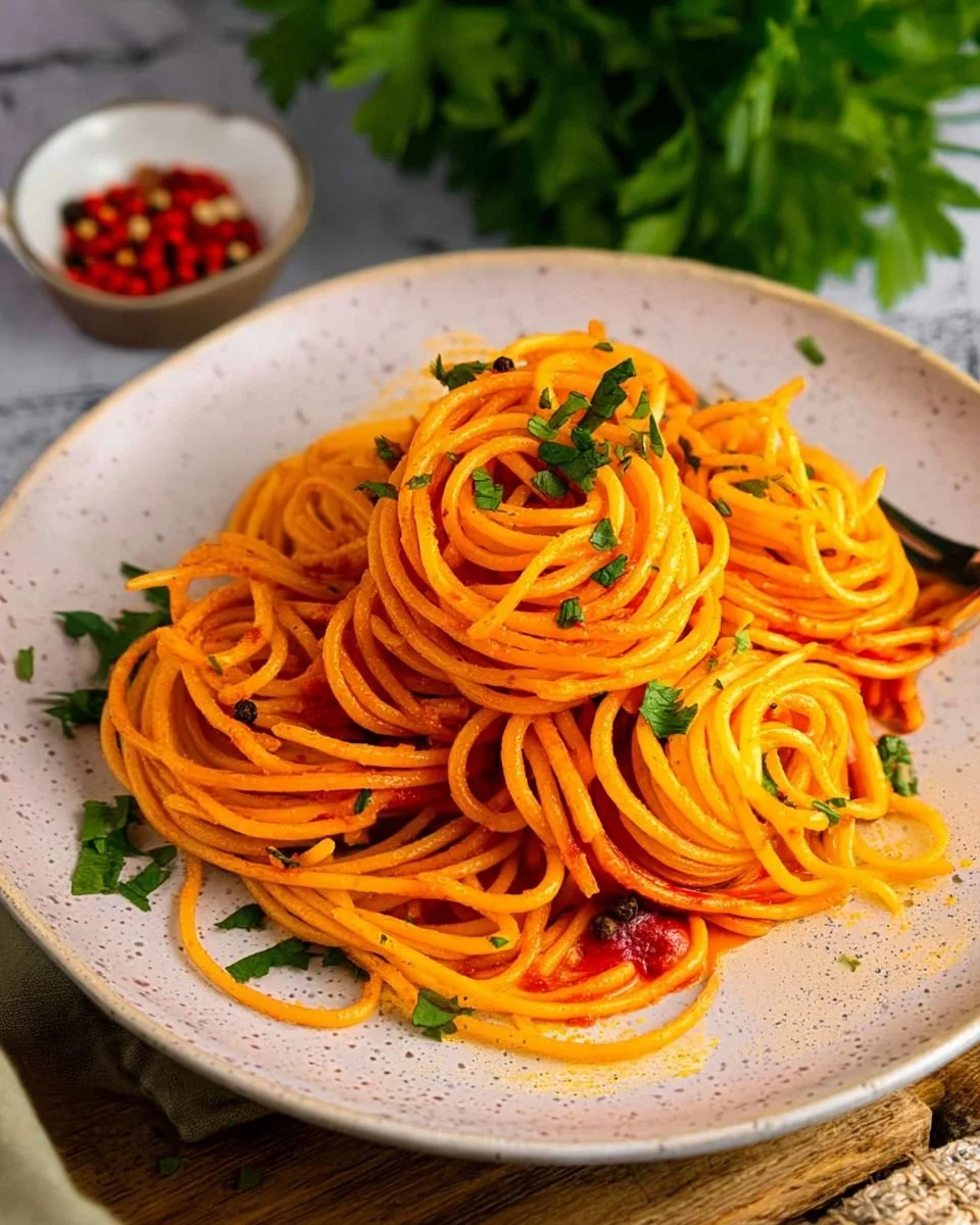 Plate of Gochujang buttered noodles garnished with fresh herbs