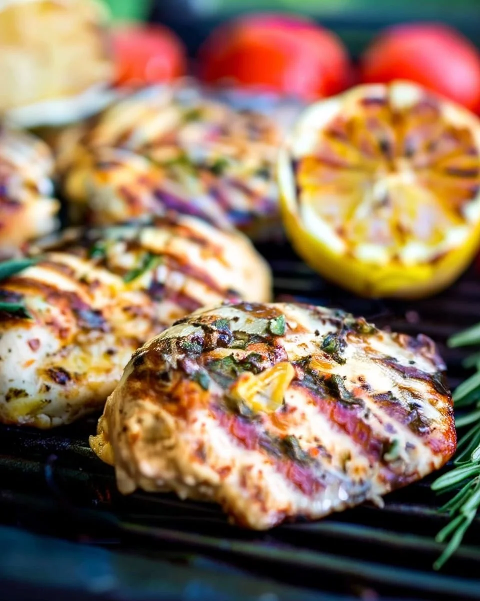 Grilled lemon chicken garnished with fresh herbs on a plate