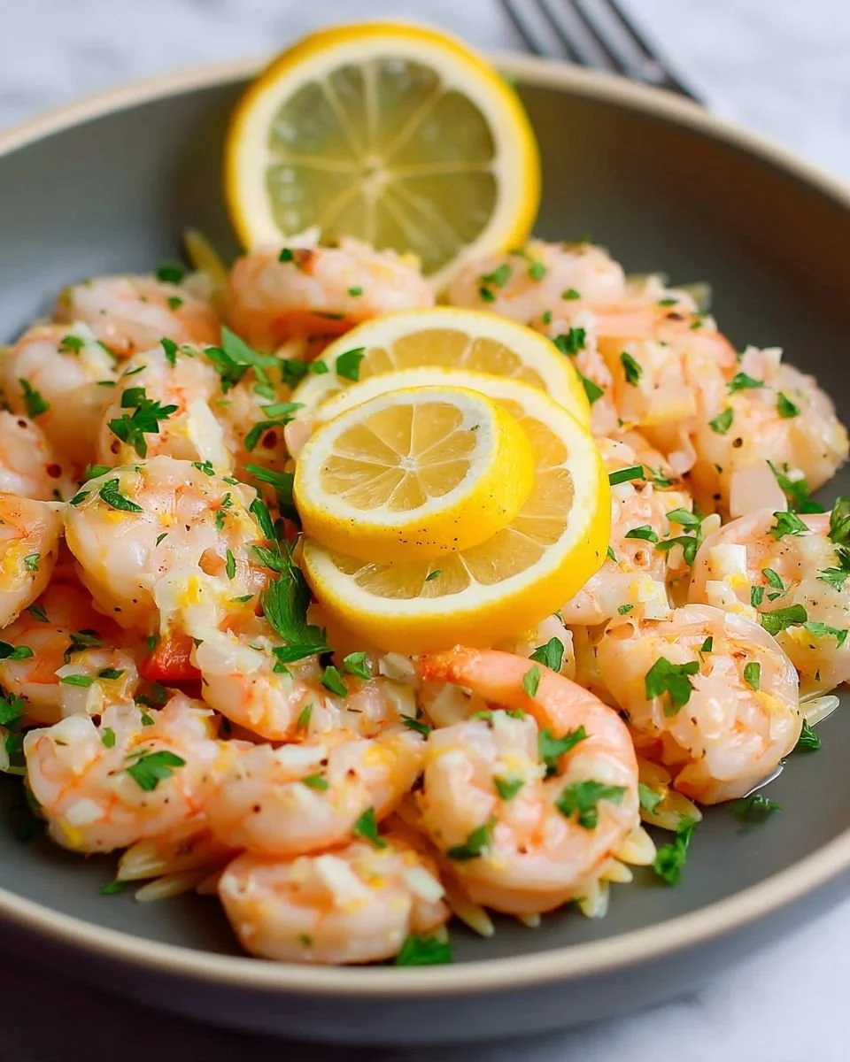 Delicious Lemon Garlic Shrimp garnished with herbs and served on a plate