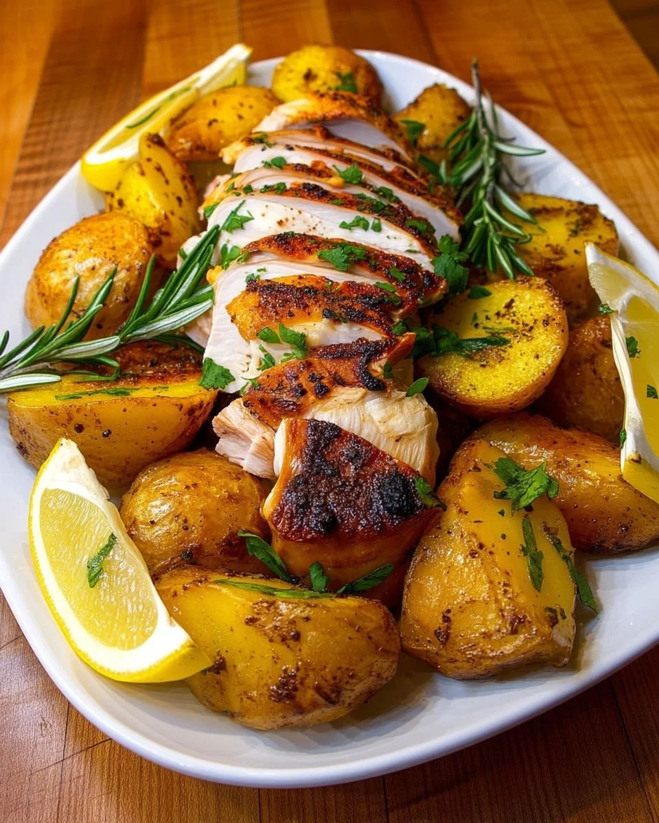 Lemon and herb roasted chicken served on a plate with fresh herbs