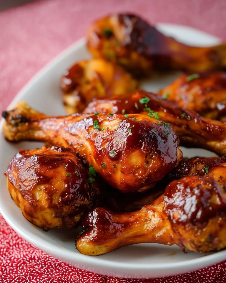 Oven-baked BBQ chicken drumsticks garnished with herbs, served on a plate.