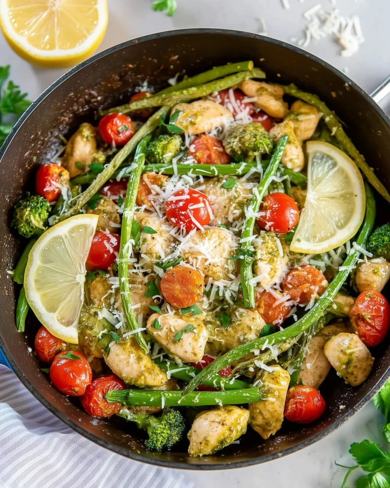 Plate of Pesto Chicken served with colorful vegetables