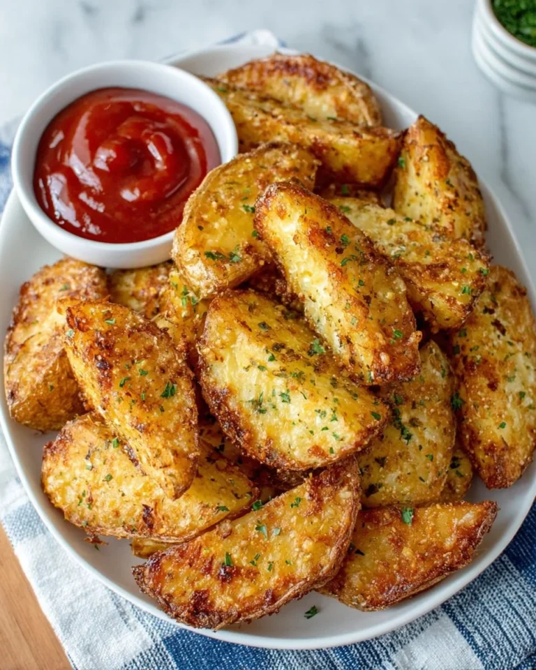 Crispy homemade potato wedges on a wooden serving platter