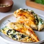 Juicy spinach stuffed chicken breasts on a plate, garnished with herbs.