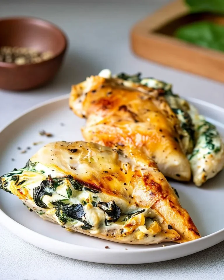 Juicy spinach stuffed chicken breasts on a plate, garnished with herbs.