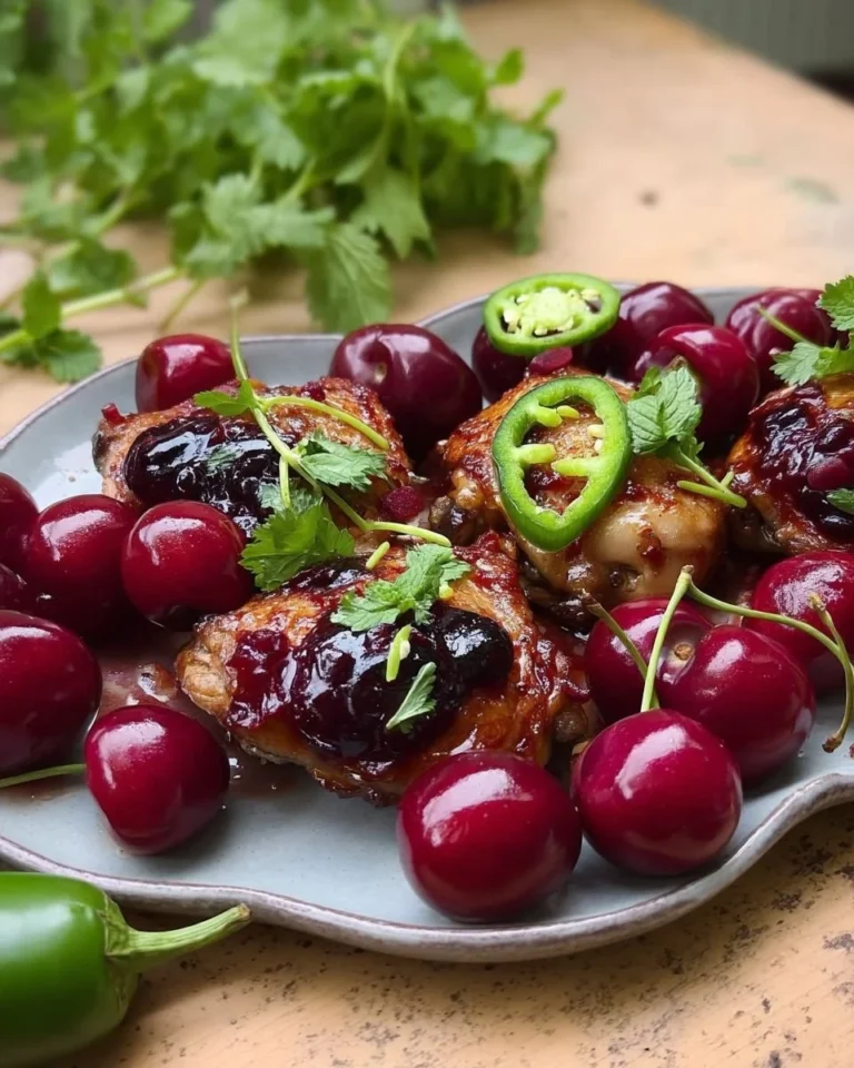 Plate of sticky cherry chicken thighs garnished with fresh cherries and herbs