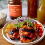 Sweet Chili Grilled Chicken Thighs on a grill, showcasing vibrant colors and texture.