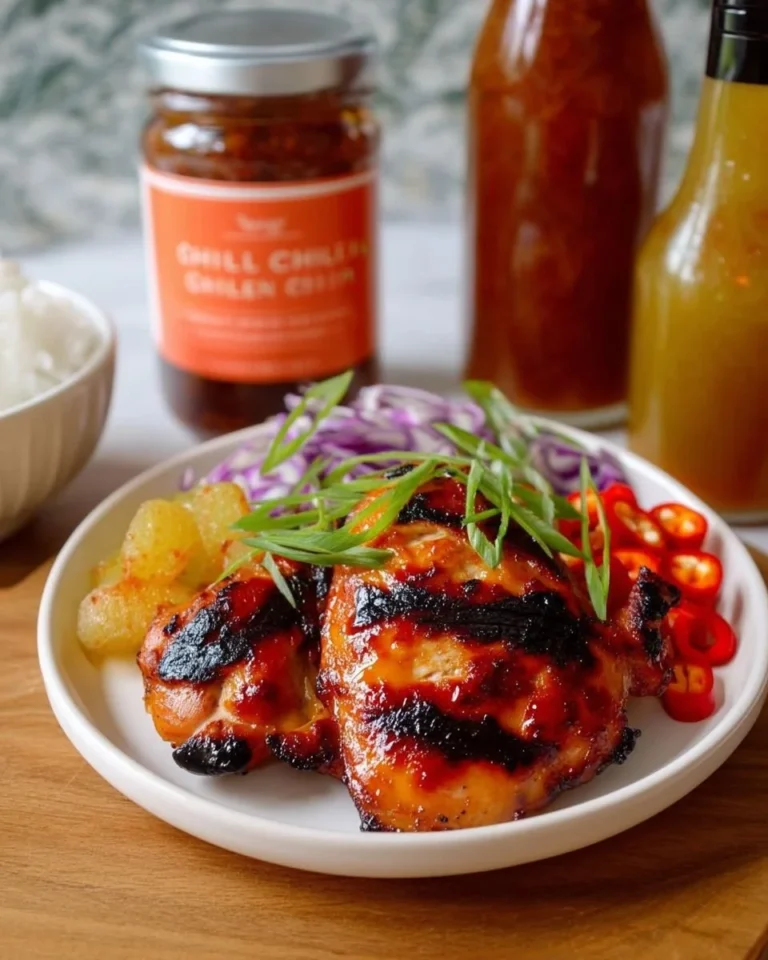 Sweet Chili Grilled Chicken Thighs on a grill, showcasing vibrant colors and texture.