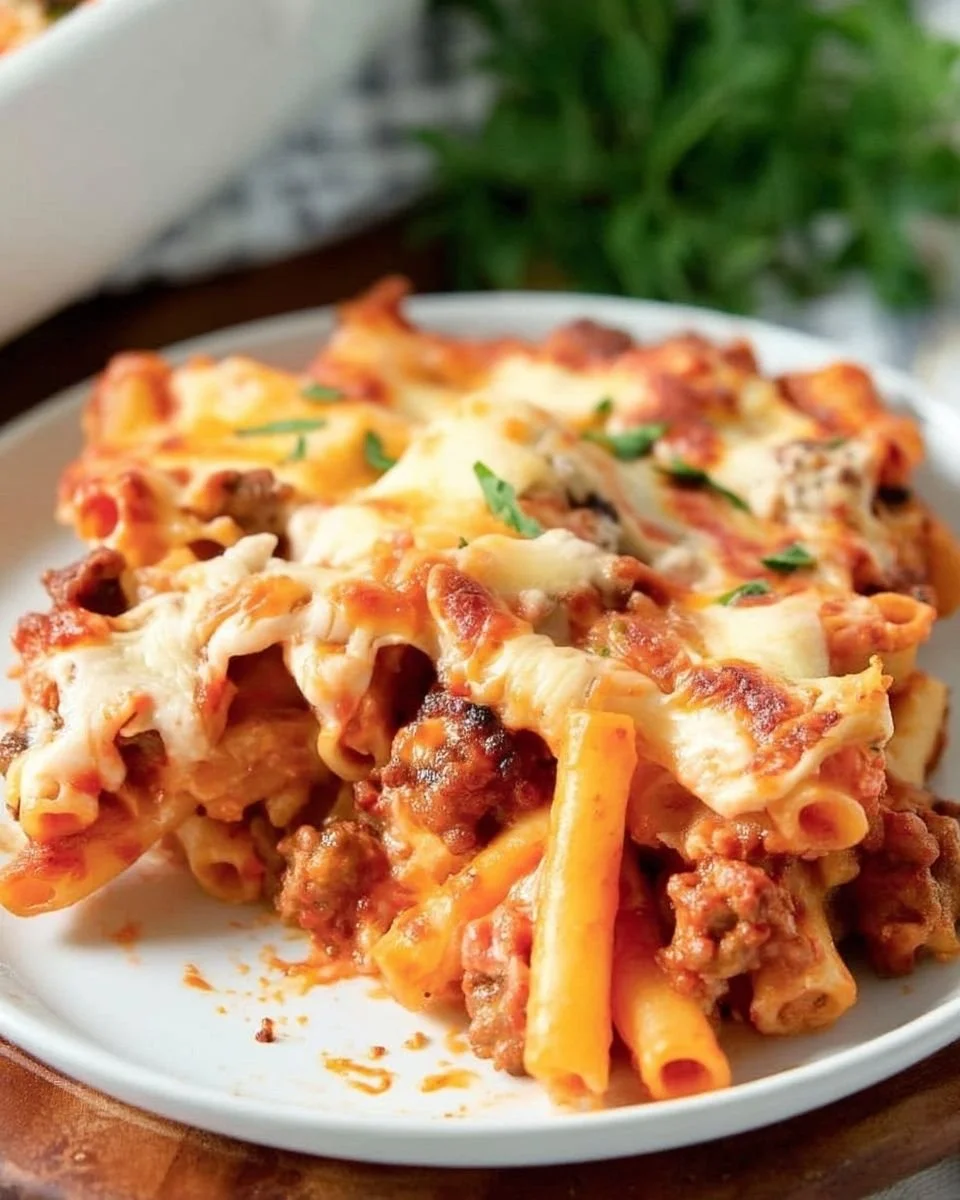 Delicious baked ziti dish topped with melted cheese and herbs