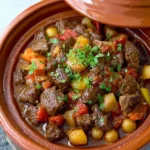 Delicious Beef Tagine served with vegetables and spices in a traditional Moroccan pot.