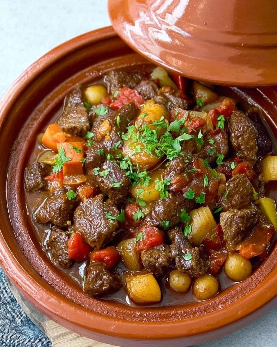 Delicious Beef Tagine served with vegetables and spices in a traditional Moroccan pot.