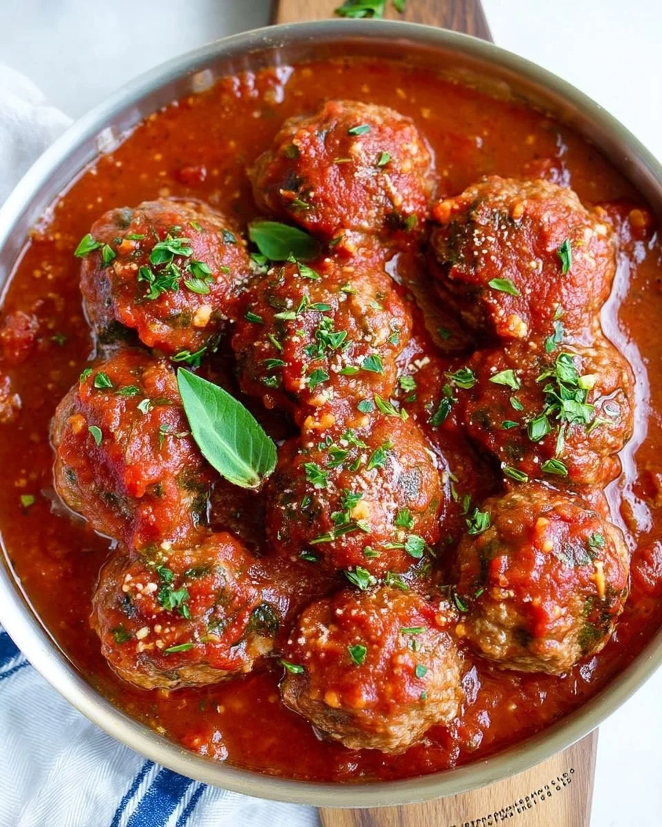 Bobby Flay's Italian meatball recipe with herbs and spices served in marinara sauce