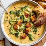 Bowl of creamy Broccoli Cheddar Soup garnished with fresh broccoli and cheese