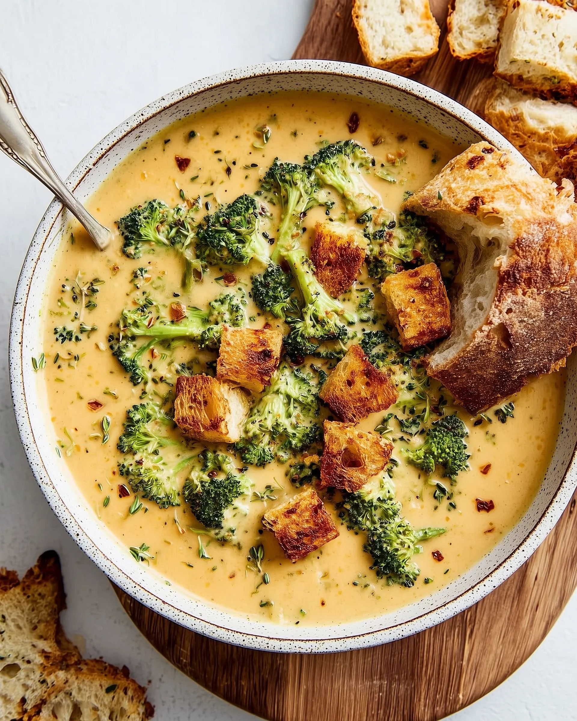 Bowl of creamy Broccoli Cheddar Soup garnished with fresh broccoli and cheese