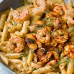 A delicious plate of Cajun shrimp pasta garnished with fresh herbs
