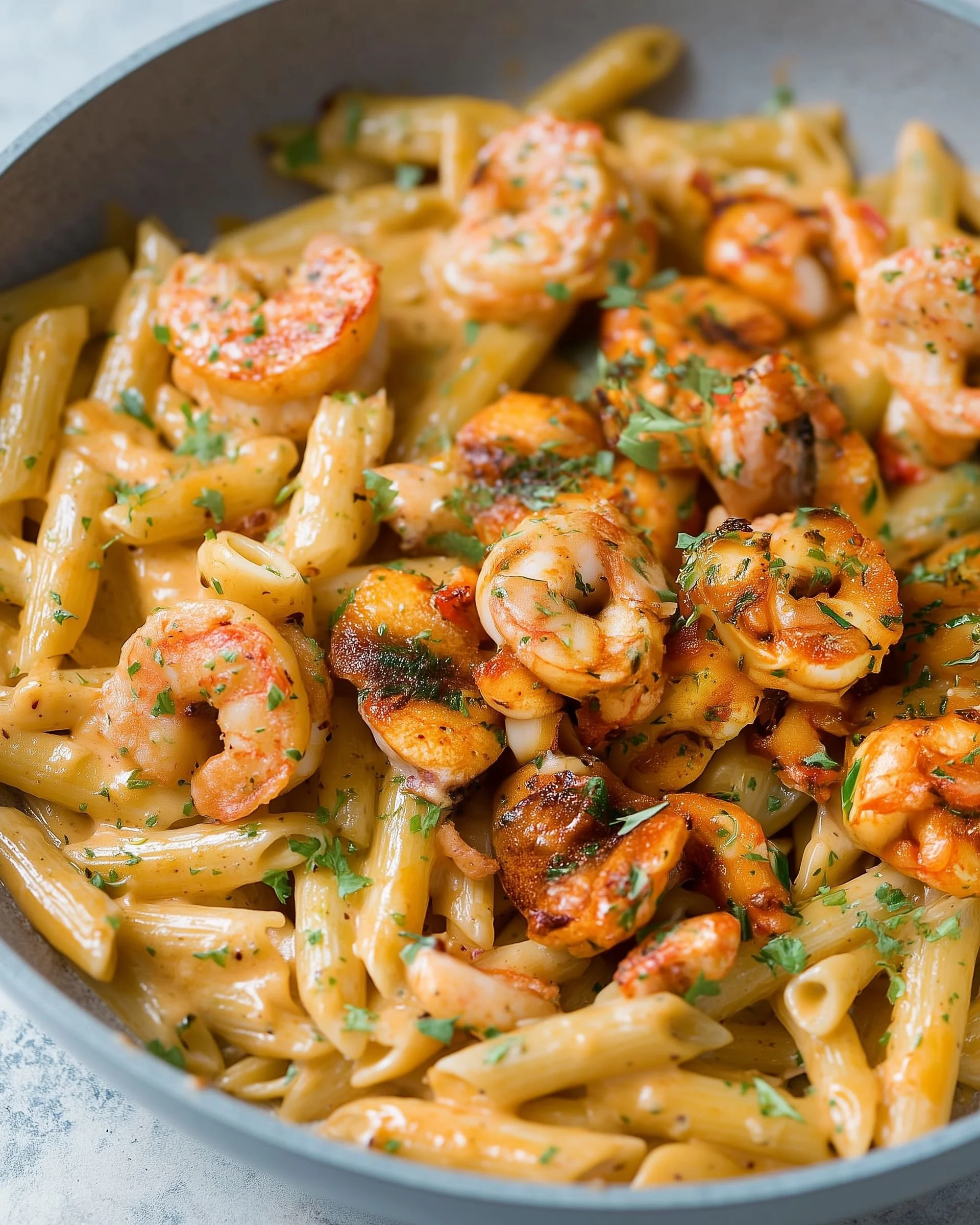 A delicious plate of Cajun shrimp pasta garnished with fresh herbs
