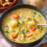 Bowl of creamy Carrot Potato Soup garnished with fresh herbs