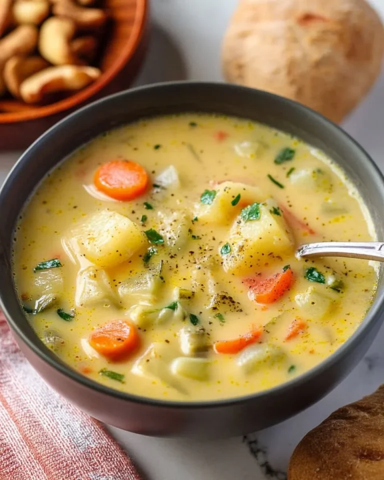 Bowl of creamy Carrot Potato Soup garnished with fresh herbs