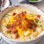 Bowl of creamy cheddar cheese potato soup garnished with green onions