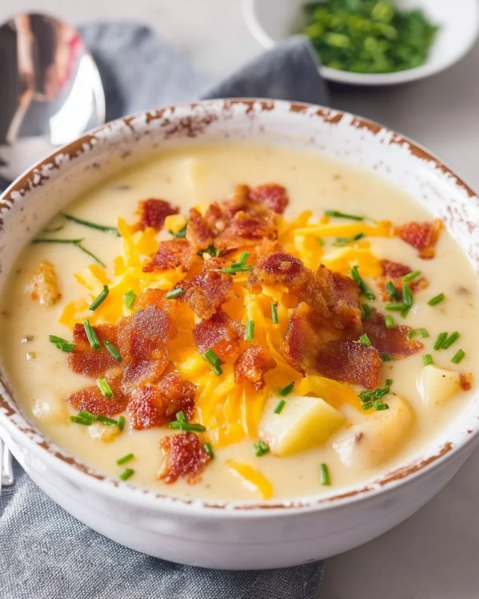 Bowl of creamy cheddar cheese potato soup garnished with green onions