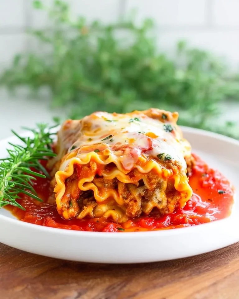 Plate of cheesy lasagna roll ups topped with marinara sauce and herbs.