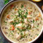 Creamy chicken and wild rice soup in a bowl garnished with herbs